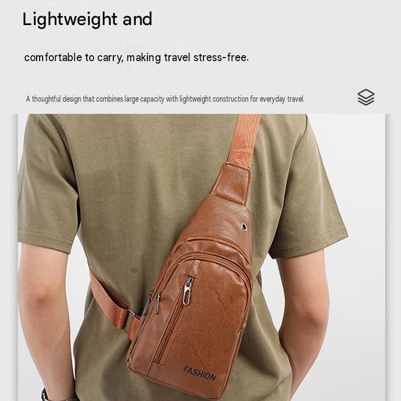Black Men's PU Leather Chest Bag - Water Resistant Crossbody Sling Bag - Multi view 4