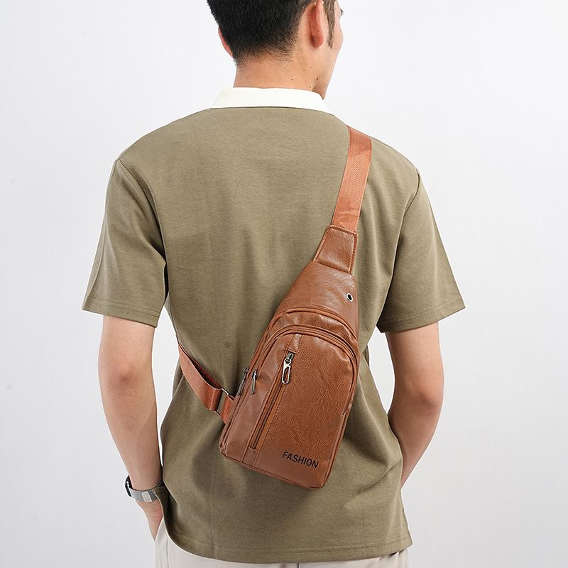 Black Men's PU Leather Chest Bag - Water Resistant Crossbody Sling Bag - Multi view 9