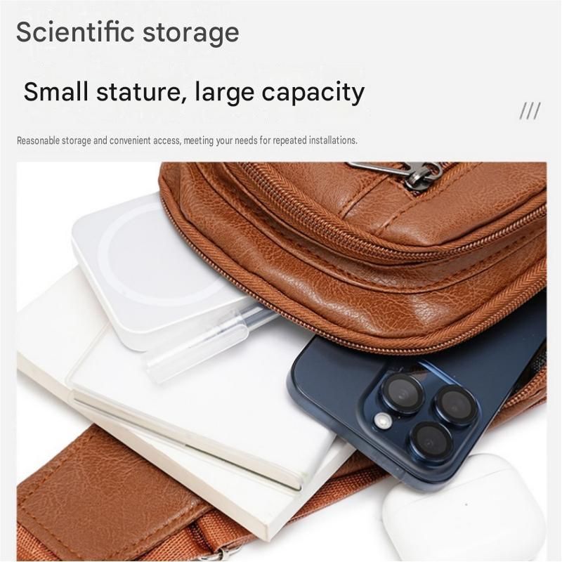 Brown Men's PU Leather Chest Bag - Water Resistant Crossbody Sling Bag - Multi view 6