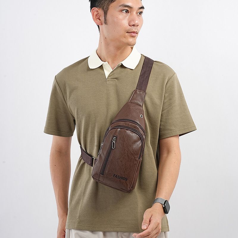 Light brown Men's PU Leather Chest Bag - Water Resistant Crossbody Sling Bag view 10