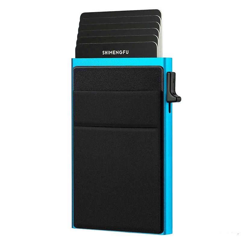 Blue RFID Blocking Aluminum Wallet - Slim Pop Up Card Holder - 10+ Card Capacity