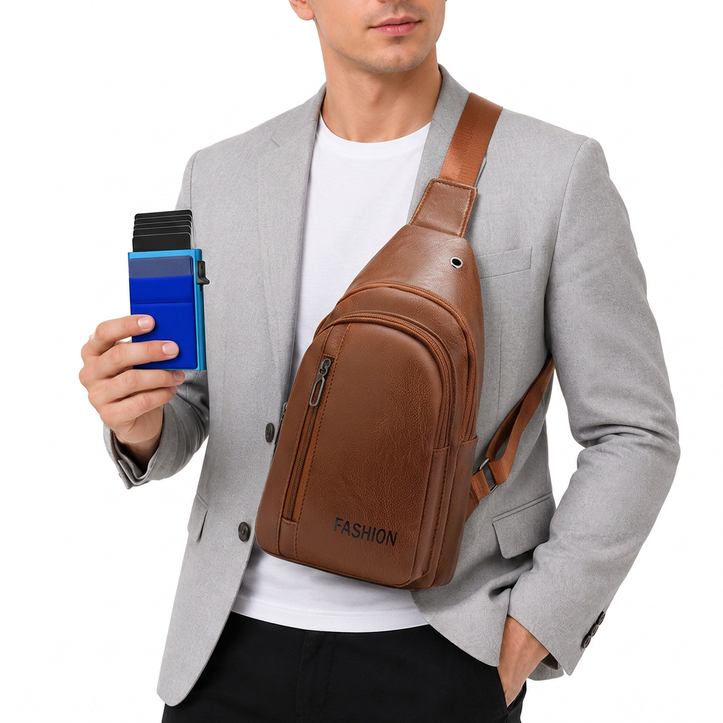 Office Commuter Business Set-Light brown Men's PU Leather Chest Bag and Blue