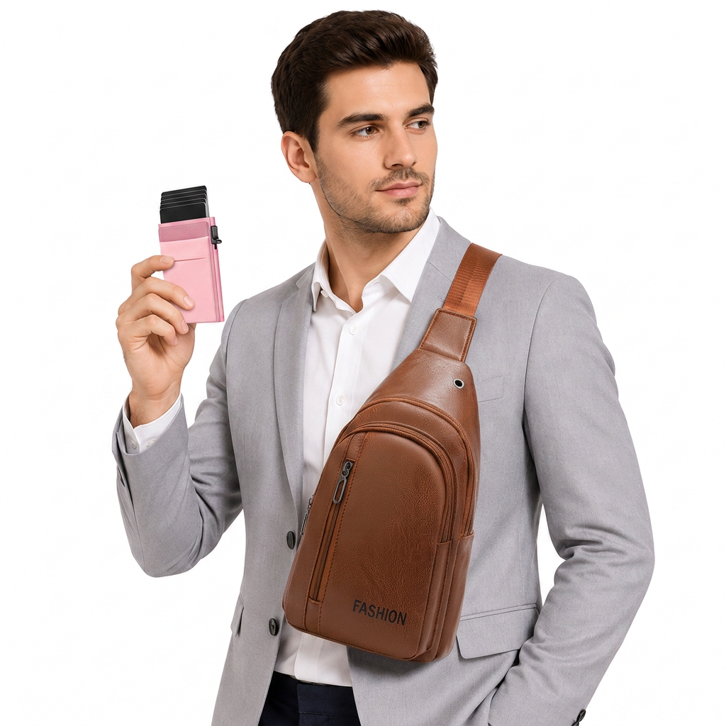 Office Commuter Business Set-Light brown Men's PU Leather Chest Bag and Pink