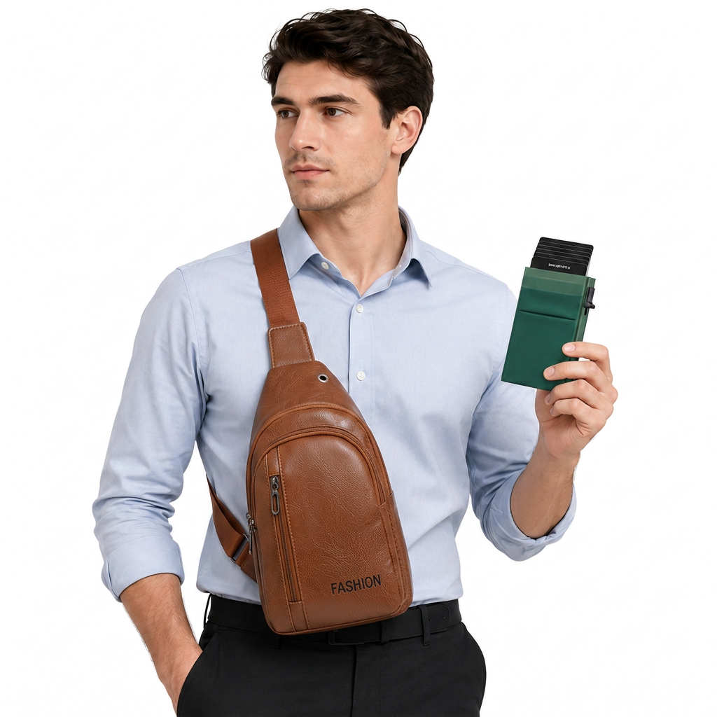 Office Commuter Business Set-Light brown Men's PU Leather Chest Bag and Green