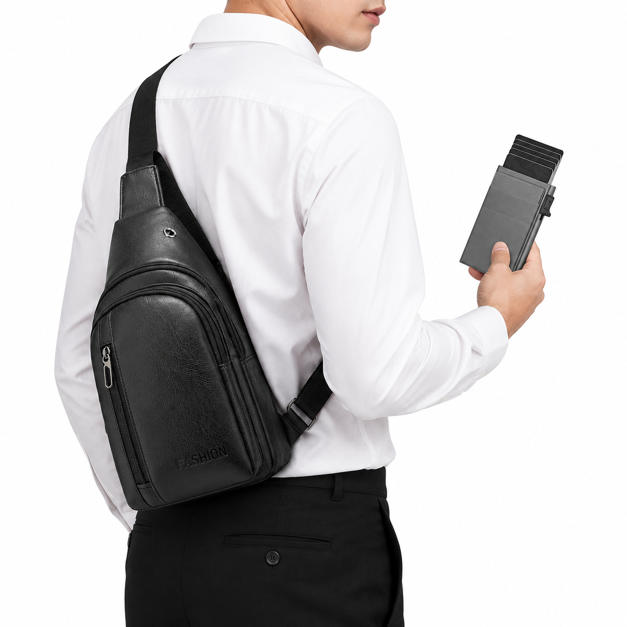 Office Commuter Business Set-Black Men's PU Leather Chest Bag and Grey RFID