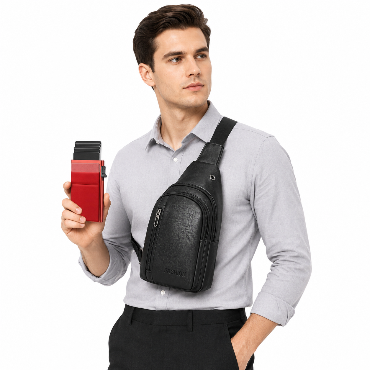 Office Commuter Business Set-Black Men's PU Leather Chest Bag and Red RFID