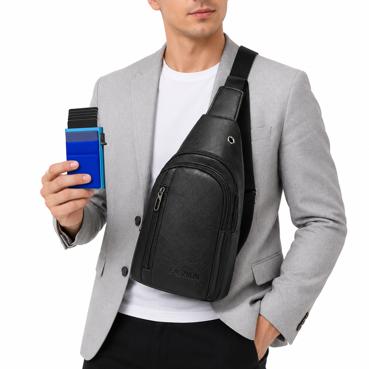 Office Commuter Business Set-Black Men's PU Leather Chest Bag and Blue RFID