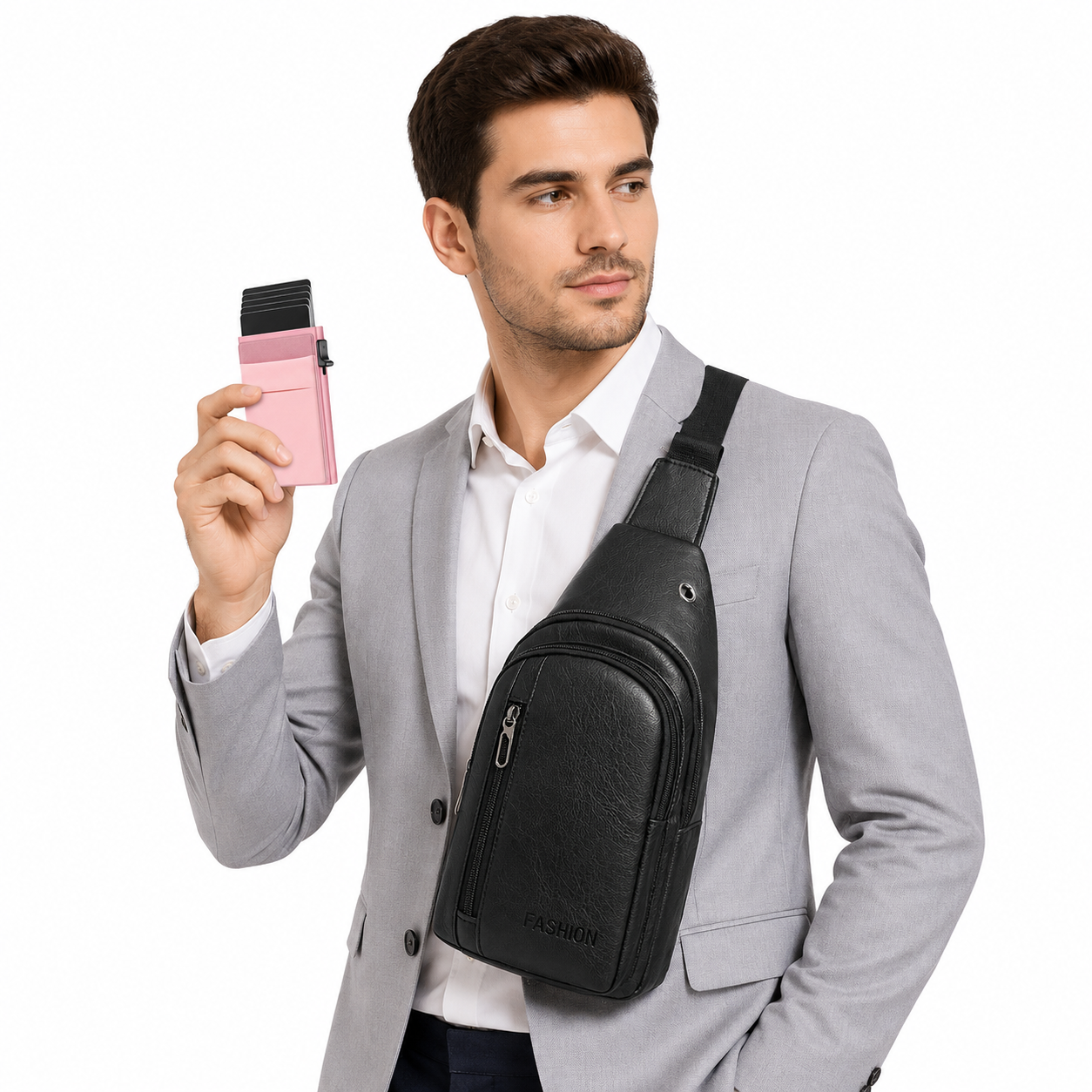 Office Commuter Business Set-Black Men's PU Leather Chest Bag and Pink RFID