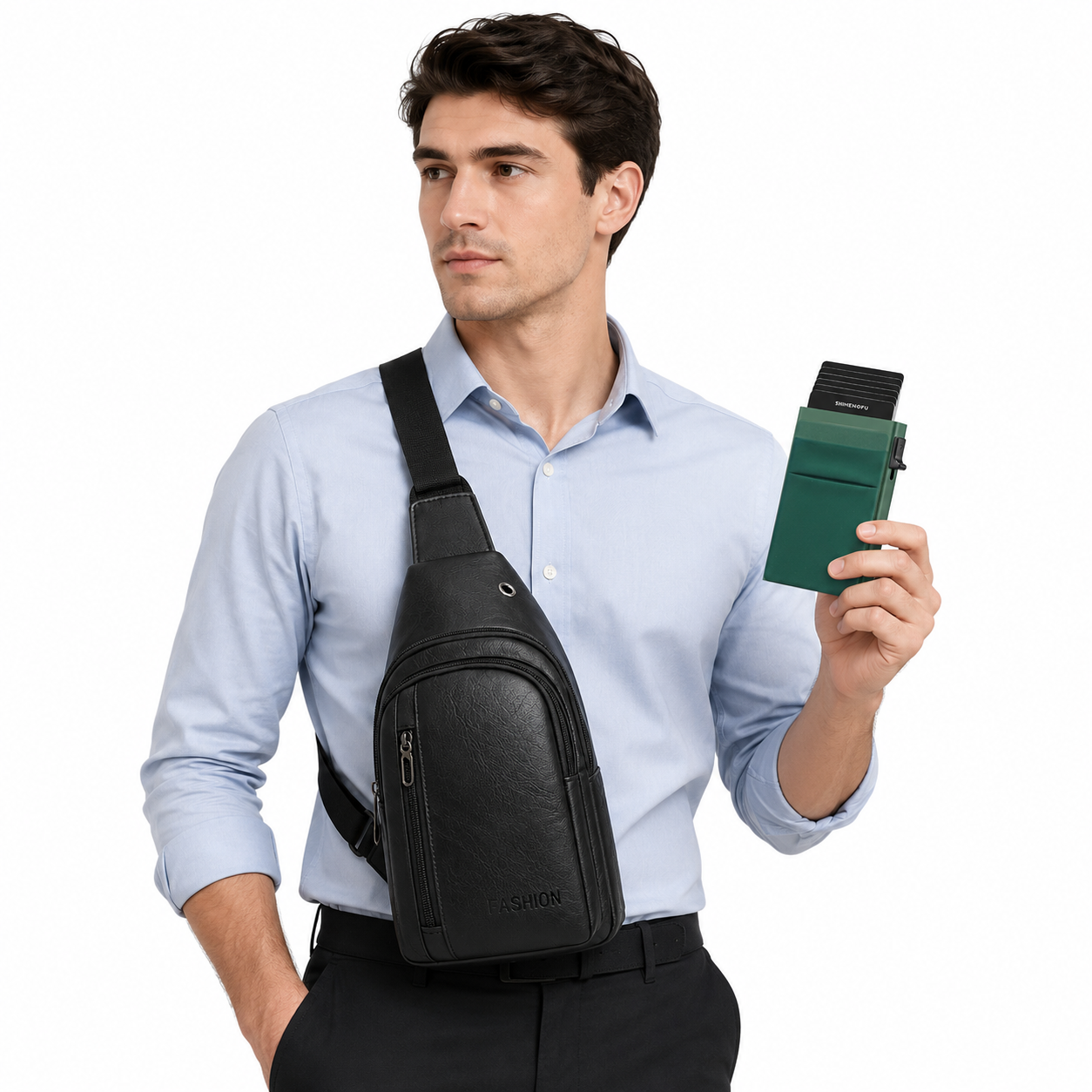 Office Commuter Business Set-Black Men's PU Leather Chest Bag and Green RFID