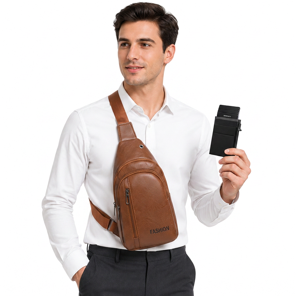 Office Commuter Business Set-Light brown Men's PU Leather Chest Bag and Black