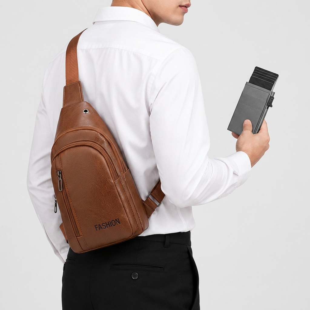 Office Commuter Business Set-Light brown Men's PU Leather Chest Bag and Grey