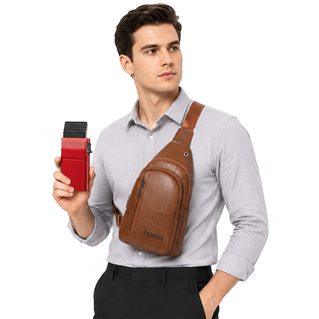 Office Commuter Business Set-Light brown Men's PU Leather Chest Bag and Red