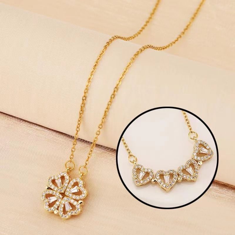 Golden Four Leaf Clover Necklace - Plated Copper with Zirconia - Adjustable view 2