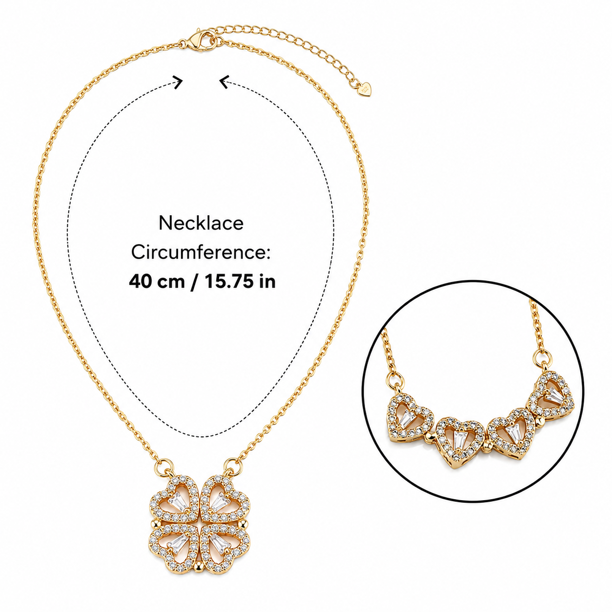 Golden Four Leaf Clover Necklace - Plated Copper with Zirconia - Adjustable view 3