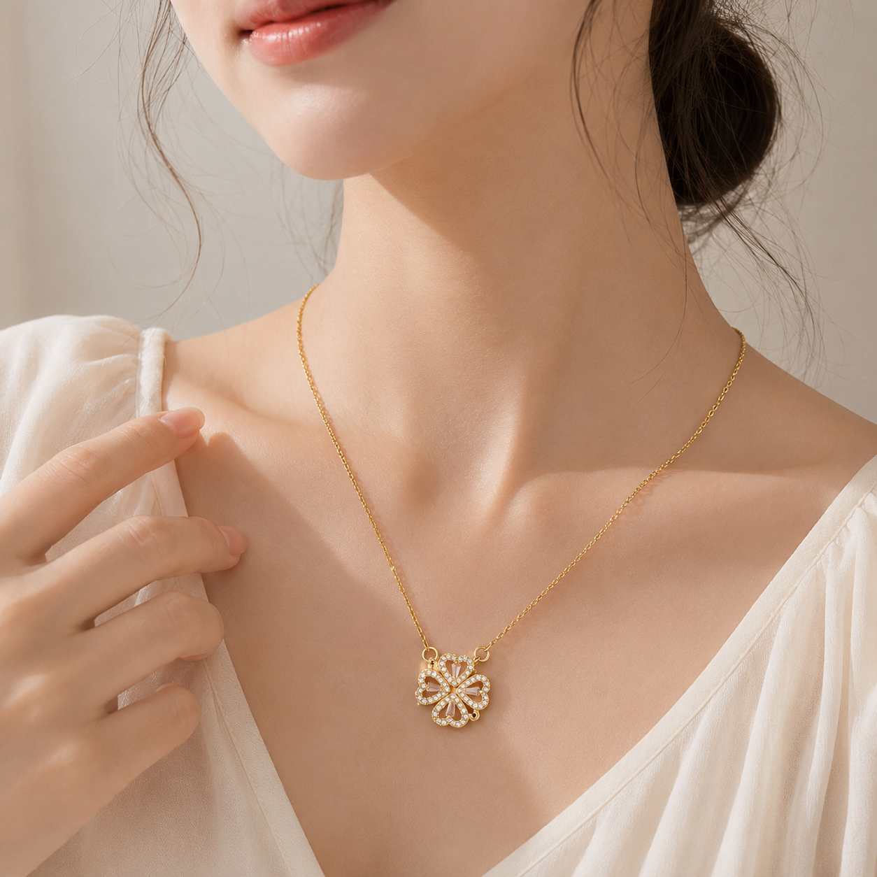 Golden Four Leaf Clover Necklace - Plated Copper with Zirconia - Adjustable view 4