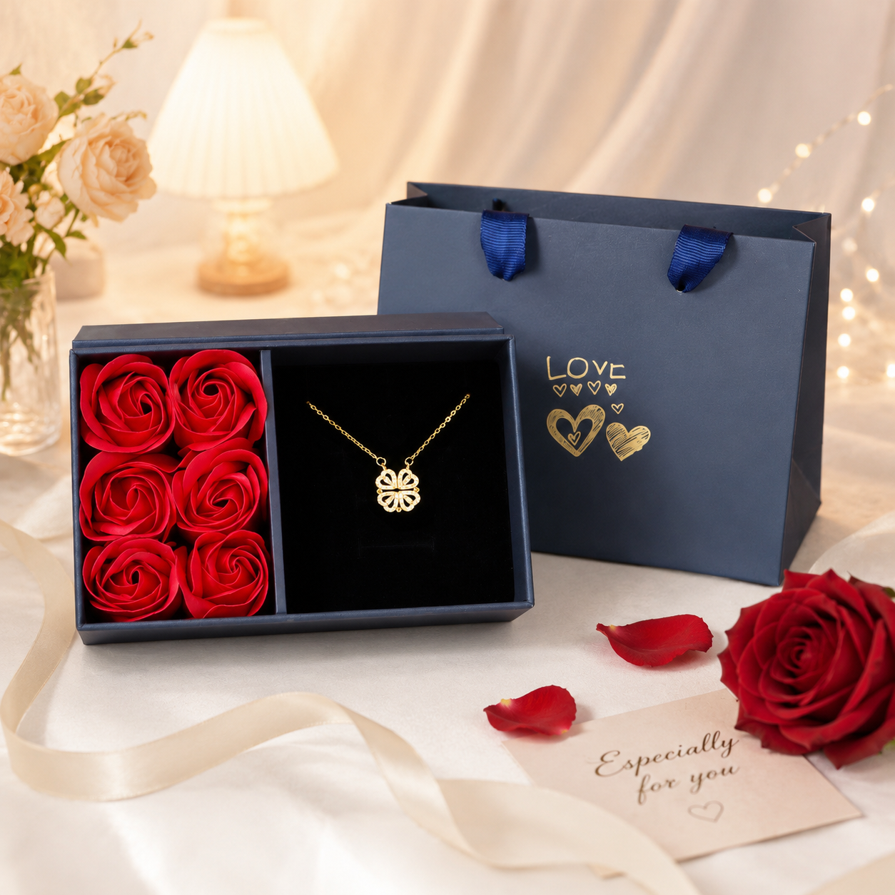 Golden Four Leaf Clover Necklace - Plated Copper with Zirconia - Adjustable view 5