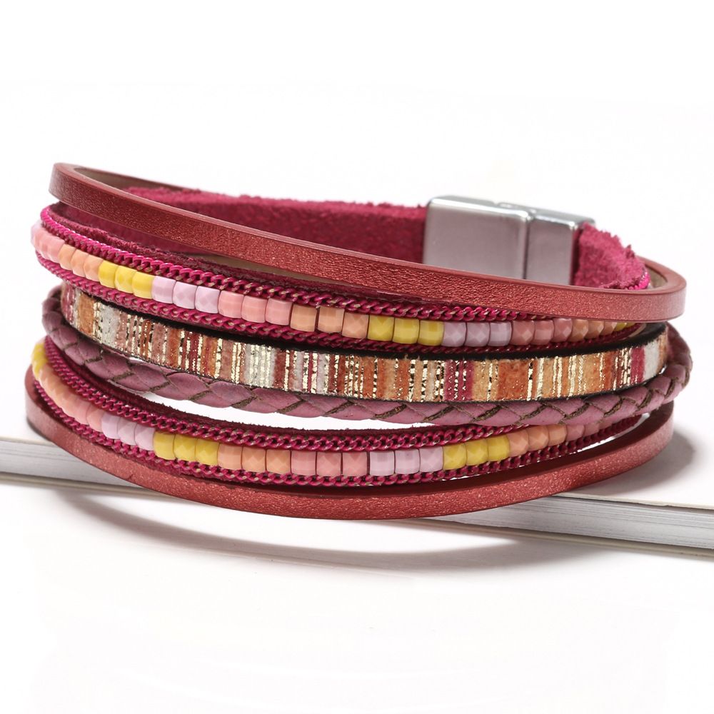 Red Bohemian Multi-Layer Leather Bracelet for Women - PU Faux Leather with — image 1