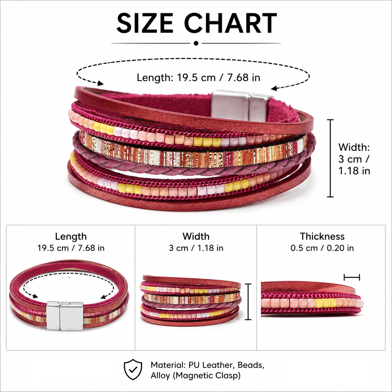 Red Bohemian Multi-Layer Leather Bracelet for Women - PU Faux Leather with view 3