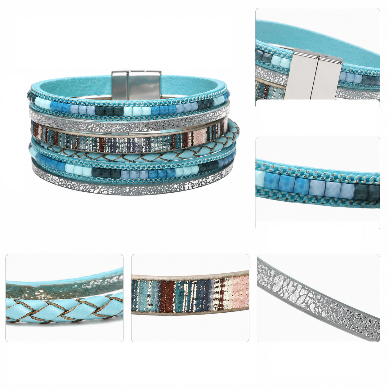 Blue Bohemian Multi-Layer Leather Bracelet for Women - PU Faux Leather with view 2