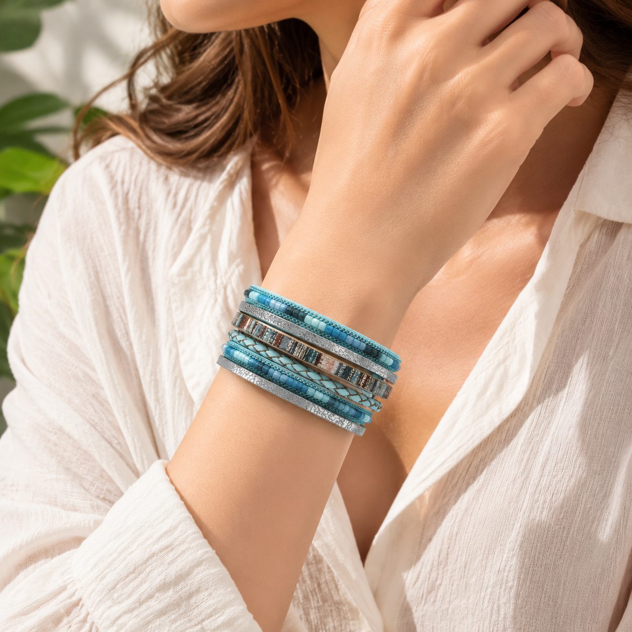 Blue Bohemian Multi-Layer Leather Bracelet for Women - PU Faux Leather with view 4
