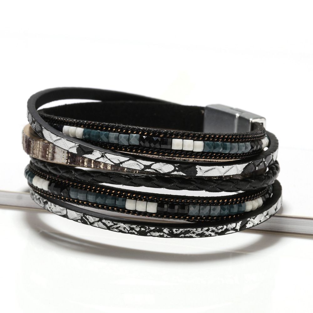 Black Bohemian Multi-Layer Leather Bracelet for Women - PU Faux Leather with — image 1
