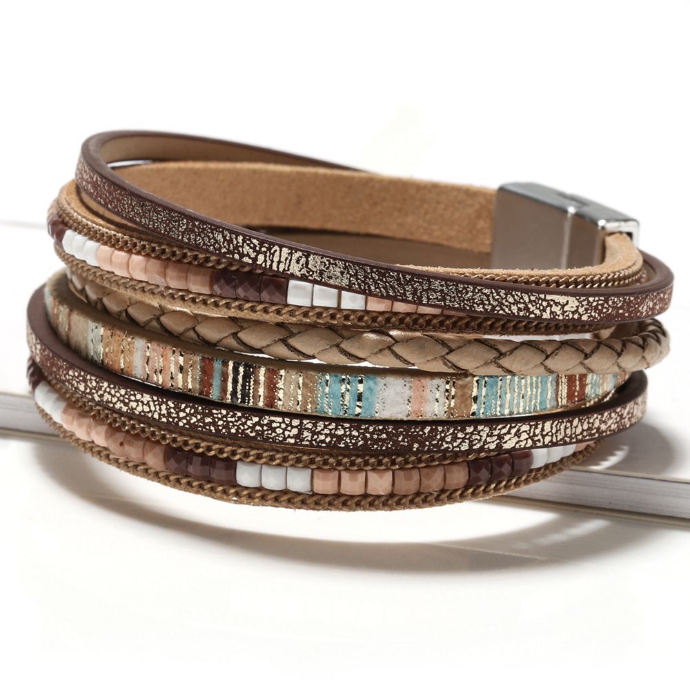 Khaki Bohemian Multi-Layer Leather Bracelet for Women - PU Faux Leather with — image 1