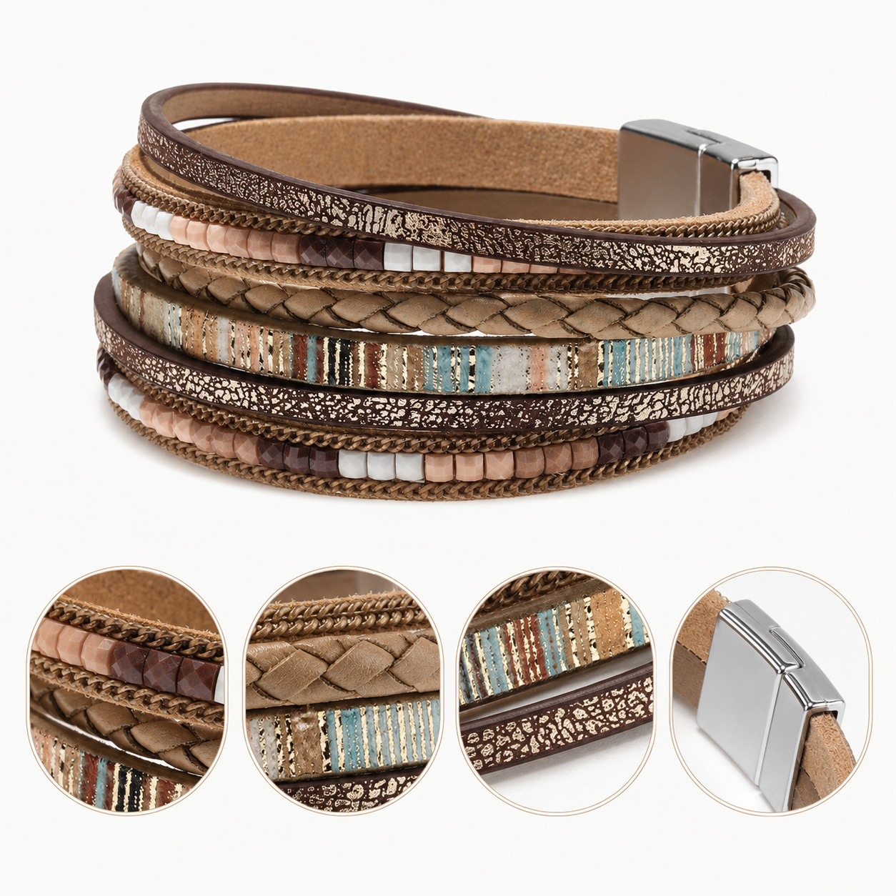 Khaki Bohemian Multi-Layer Leather Bracelet for Women - PU Faux Leather with view 2