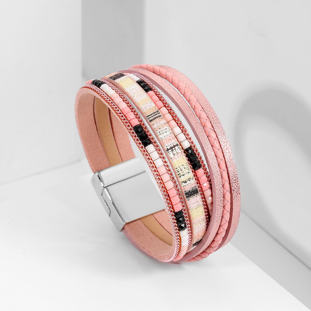 Pink Bohemian Multi-Layer Leather Bracelet for Women - PU Faux Leather with — image 1