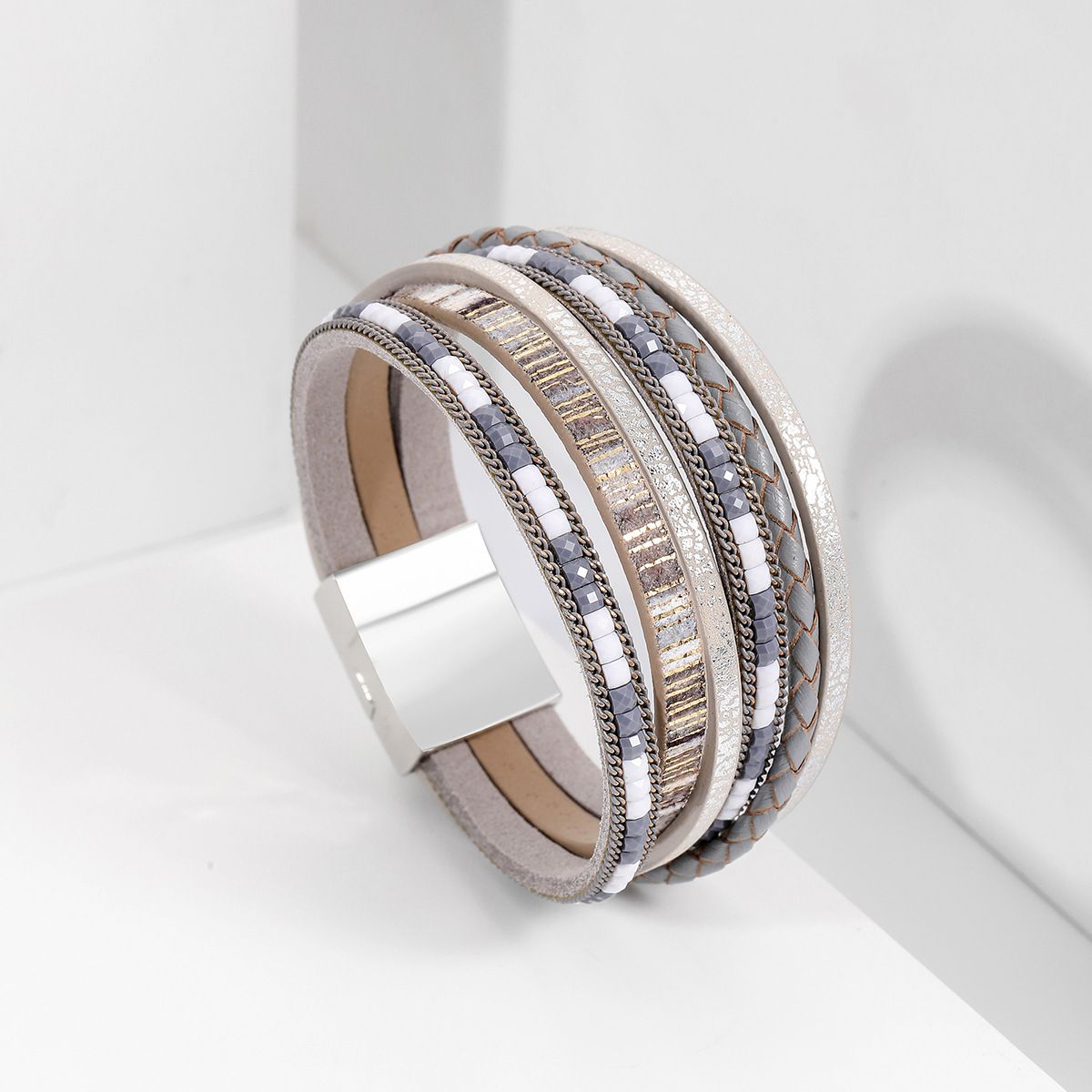 Grey Bohemian Multi-Layer Leather Bracelet for Women - PU Faux Leather with — image 1