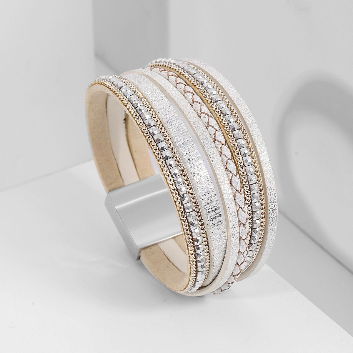 White Bohemian Multi-Layer Leather Bracelet for Women - PU Faux Leather with — image 1