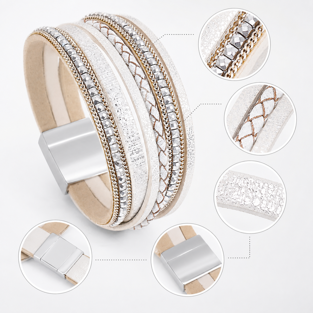 White Bohemian Multi-Layer Leather Bracelet for Women - PU Faux Leather with view 2