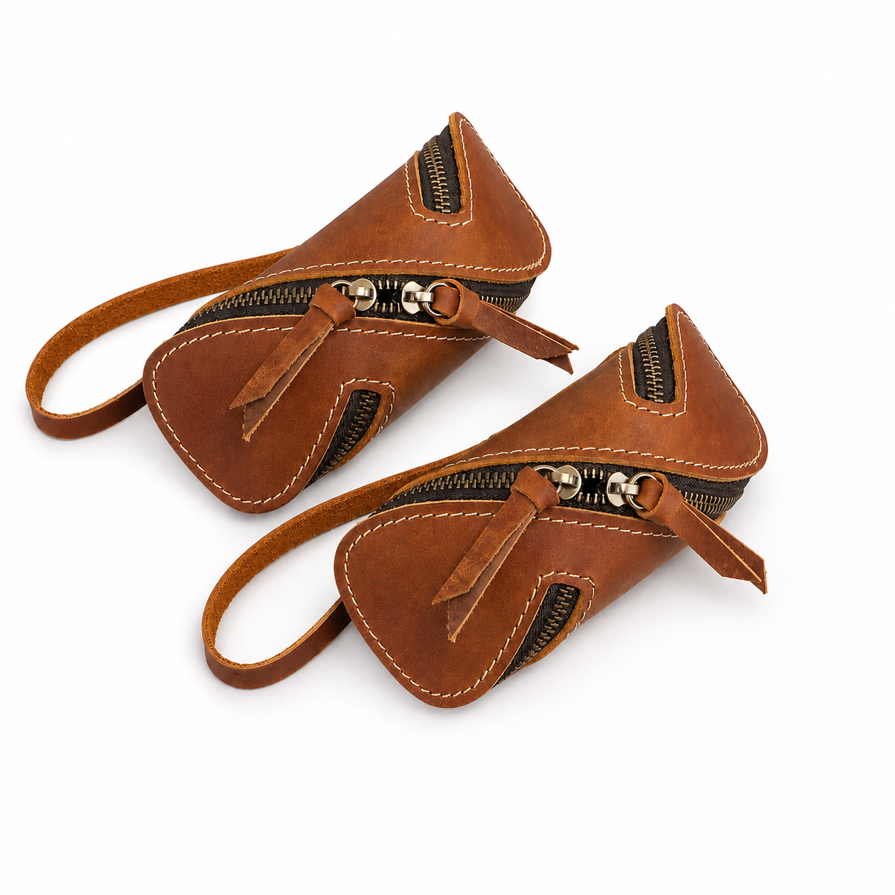 2pcs Retro Genuine Leather Key Pouch（Brown） - 12.5cm x 5cm - Dual Zipper