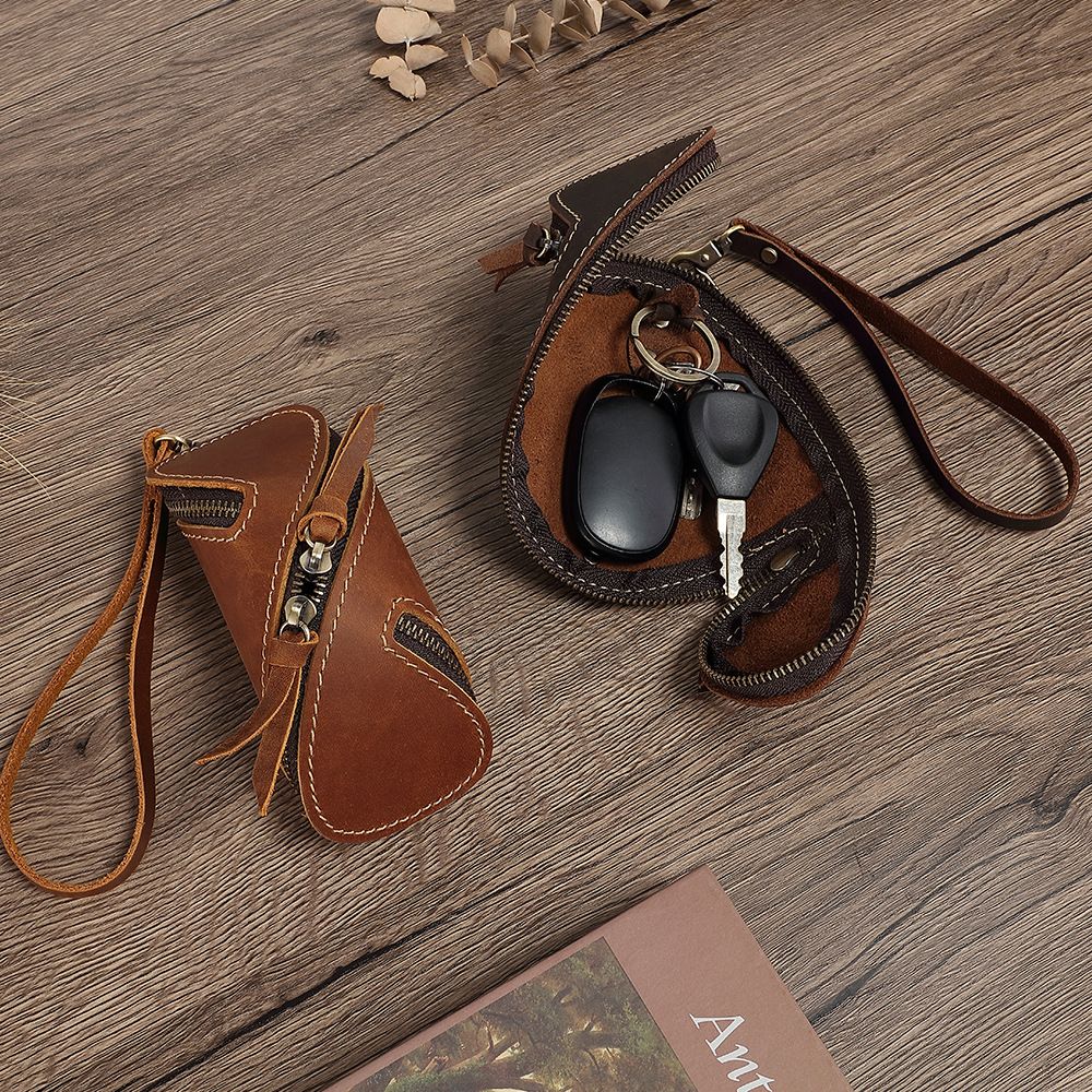 2pcs Retro Genuine Leather Key Pouch（Brown） - 12.5cm x 5cm - Dual Zipper view 4