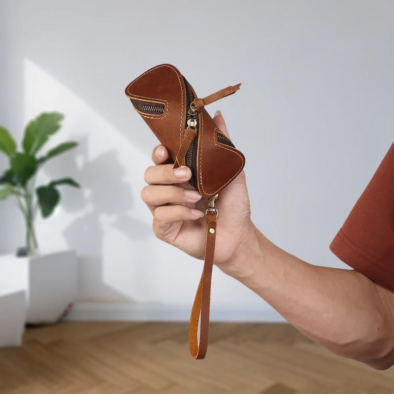 2pcs Retro Genuine Leather Key Pouch（Brown） - 12.5cm x 5cm - Dual Zipper view 10