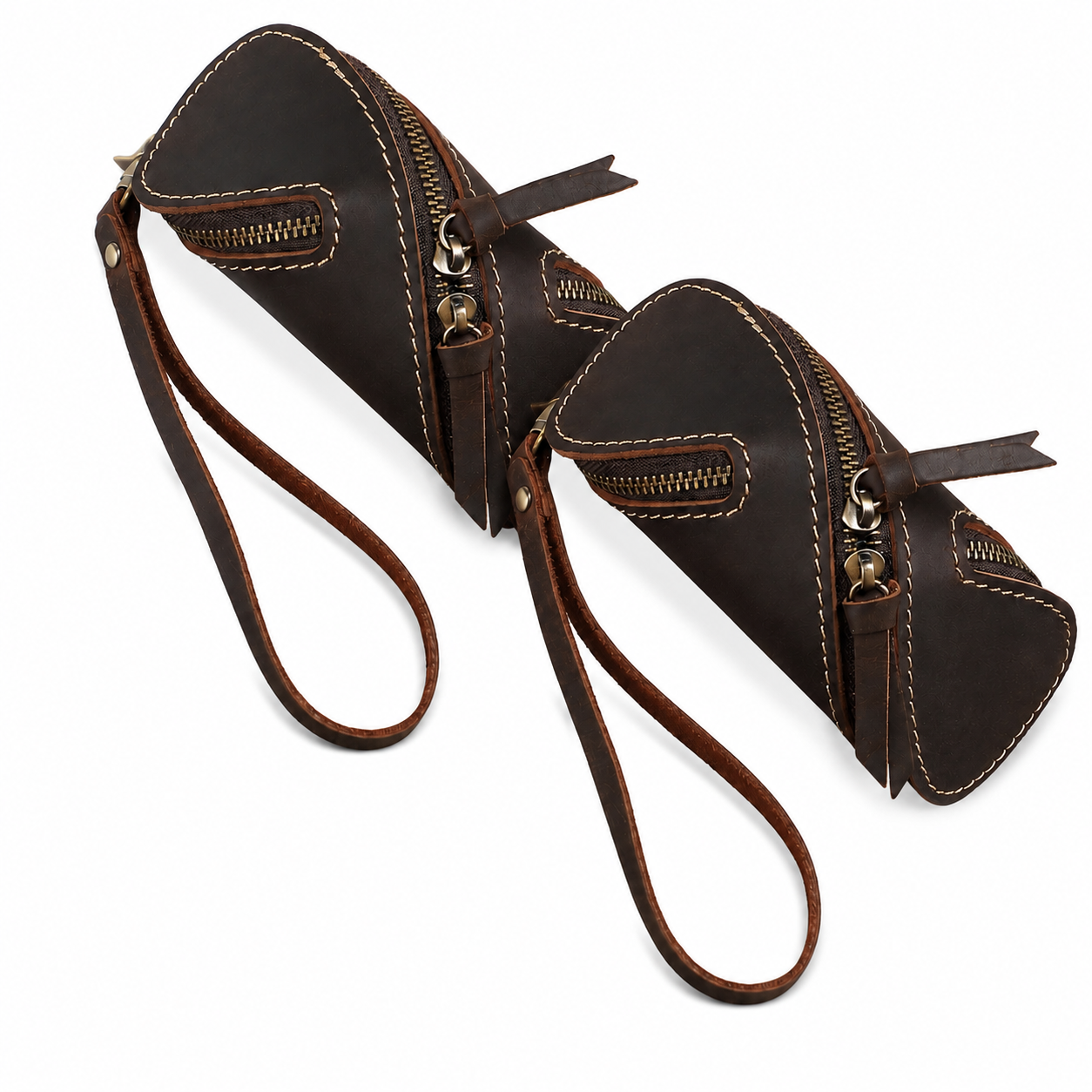 2pcs Retro Genuine Leather Key Pouch（Coffee-colored） - 12.5cm x 5cm - Dual Zipper