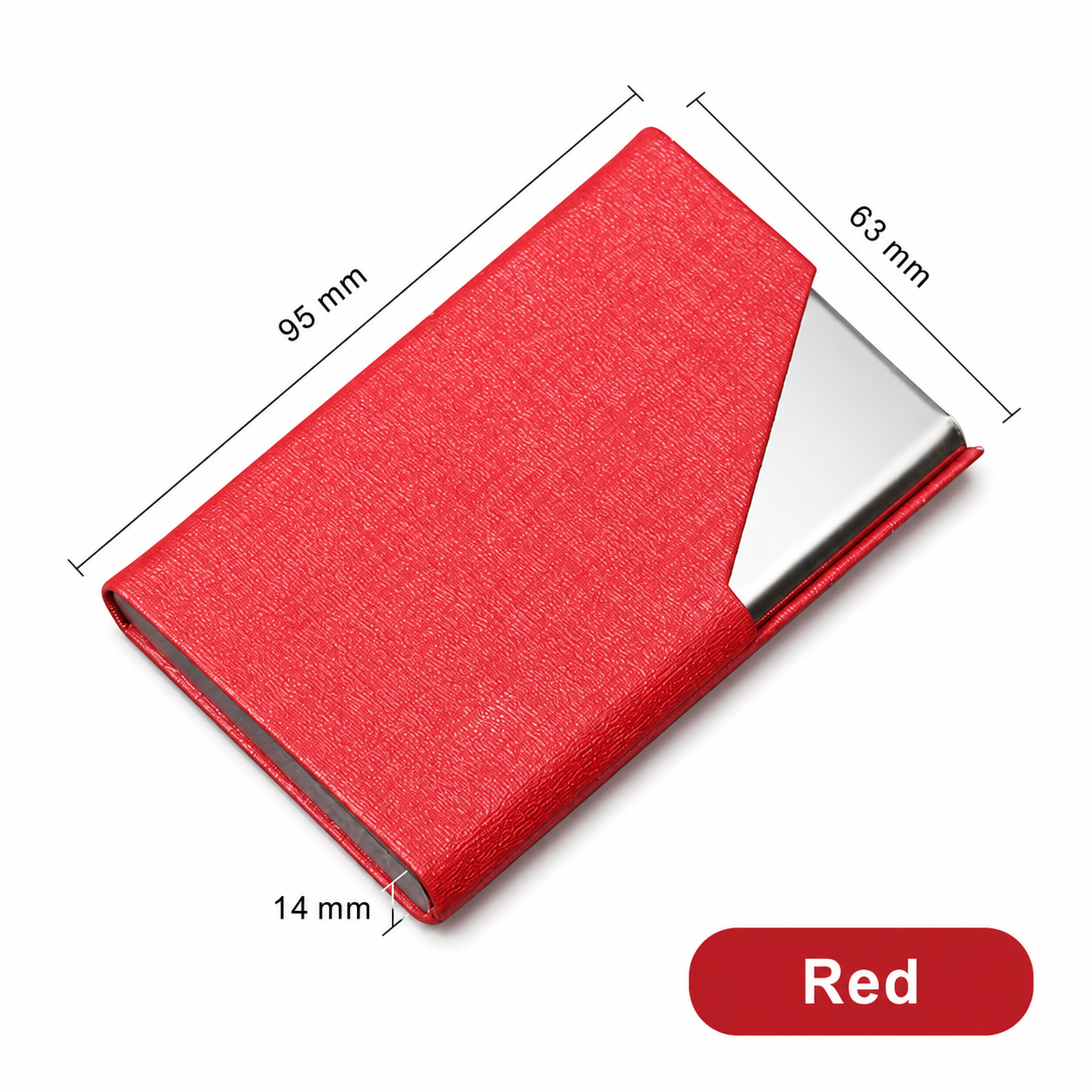 Red Stainless Steel and PU Leather Business Card Holder - 95mm x 63mm