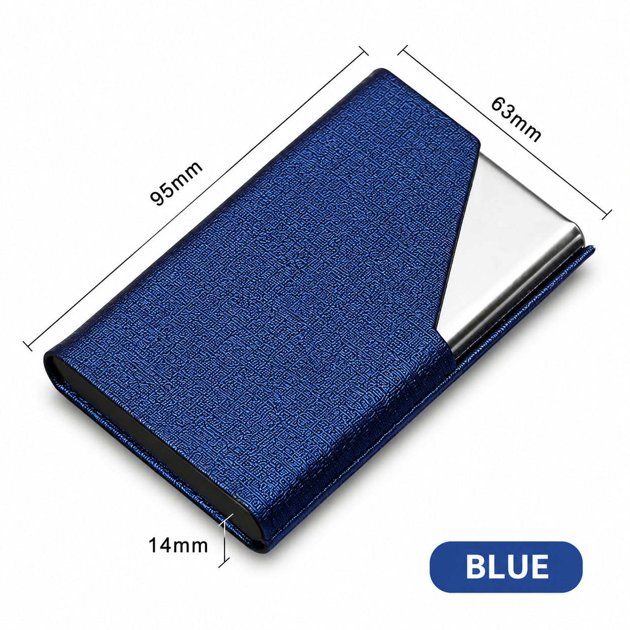 Blue Stainless Steel and PU Leather Business Card Holder - 95mm x 63mm