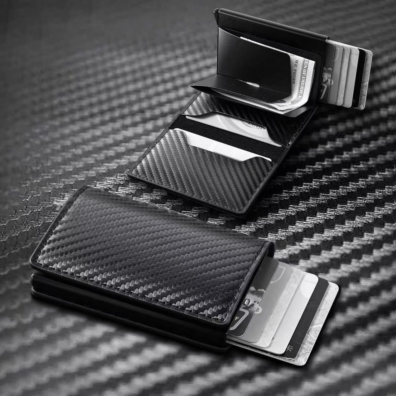 Black Carbon Fiber texture RFID Wallet - Automatic Pop-Up Card Holder with view 2