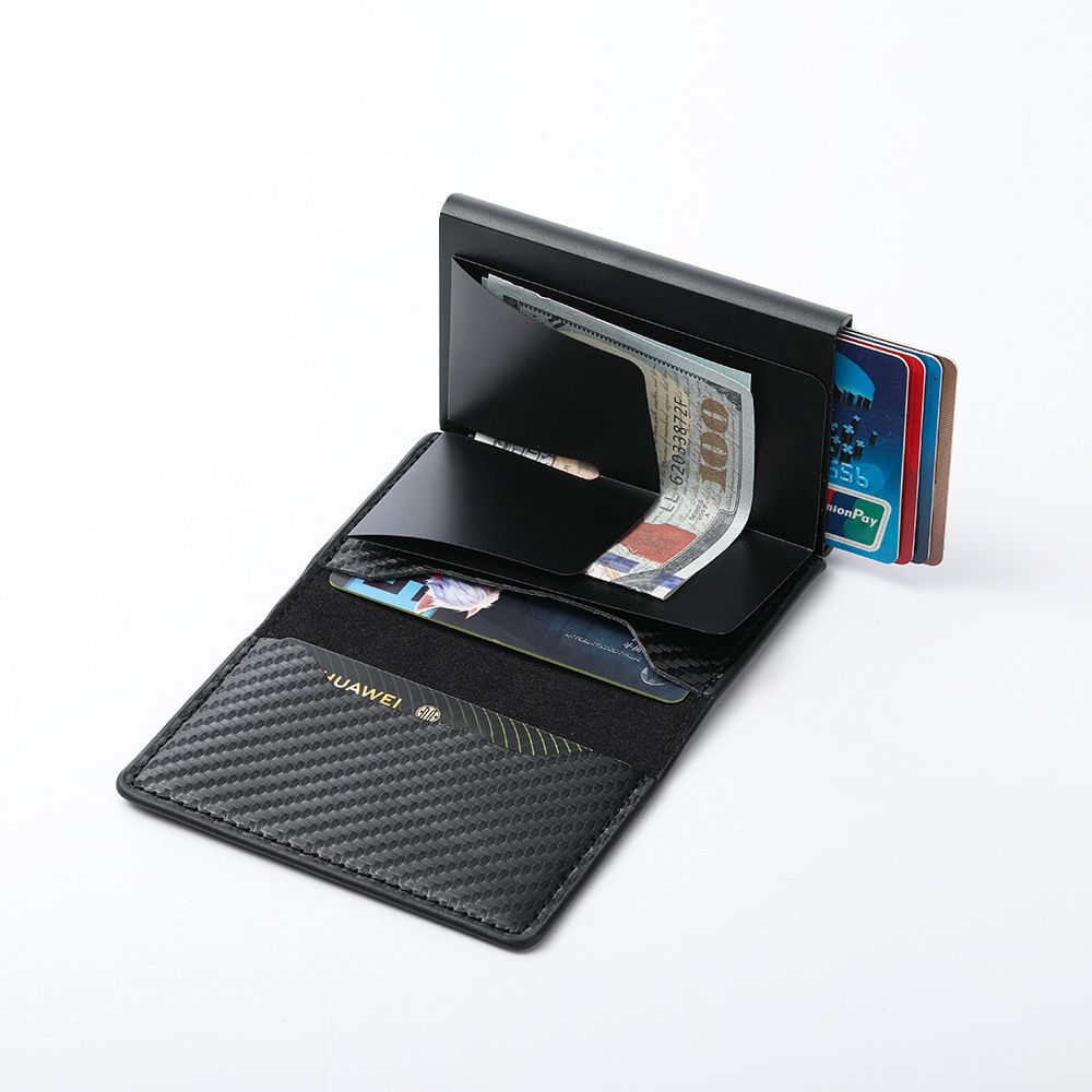 Black Carbon Fiber texture RFID Wallet - Automatic Pop-Up Card Holder with view 3