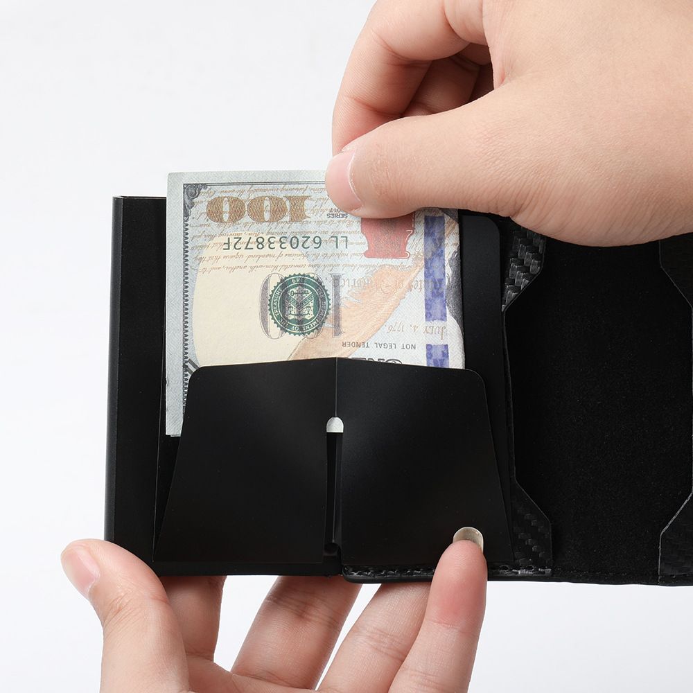 Black Carbon Fiber texture RFID Wallet - Automatic Pop-Up Card Holder with view 4