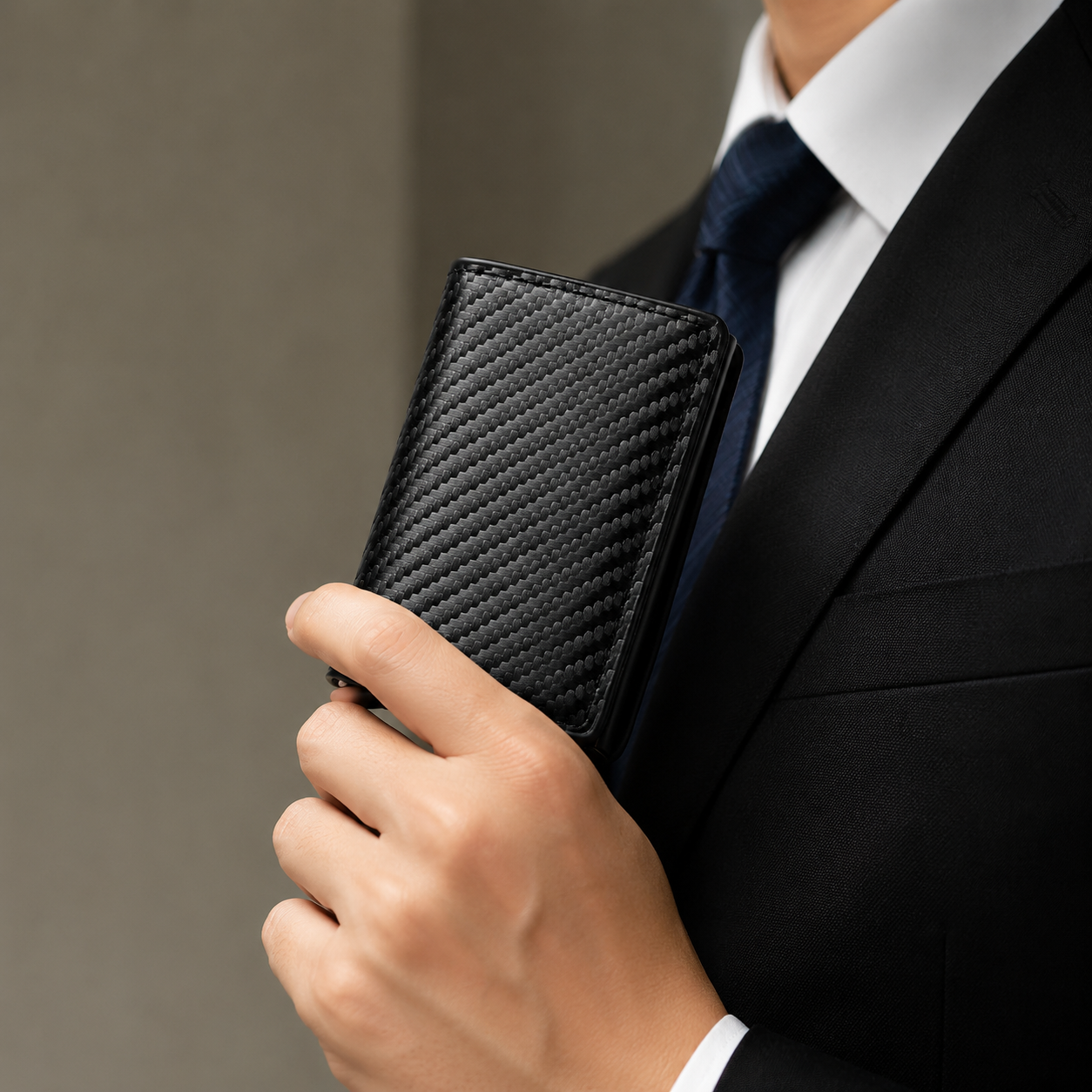 Black Carbon Fiber texture RFID Wallet - Automatic Pop-Up Card Holder with view 6
