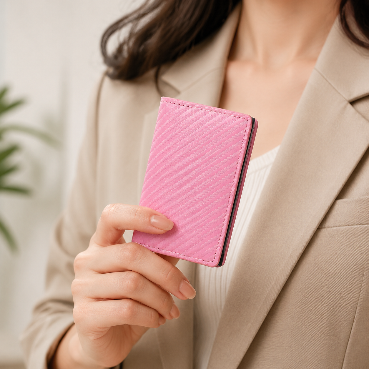 Pink Carbon Fiber texture RFID Wallet - Automatic Pop-Up Card Holder with view 6