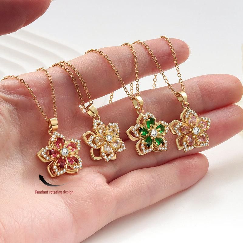 White Rotating Bauhinia Zircon Flower Pendant Necklace - Alloy and Zircon view 3