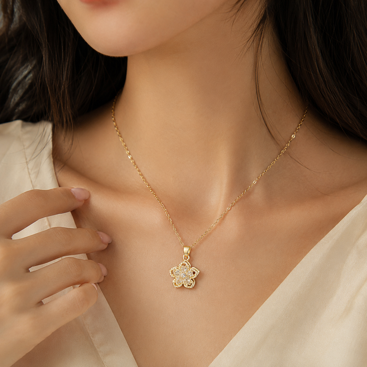 White Rotating Bauhinia Zircon Flower Pendant Necklace - Alloy and Zircon view 6