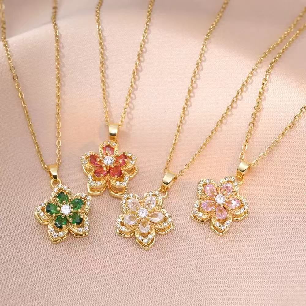 Pink Rotating Bauhinia Zircon Flower Pendant Necklace - Alloy and Zircon view 4