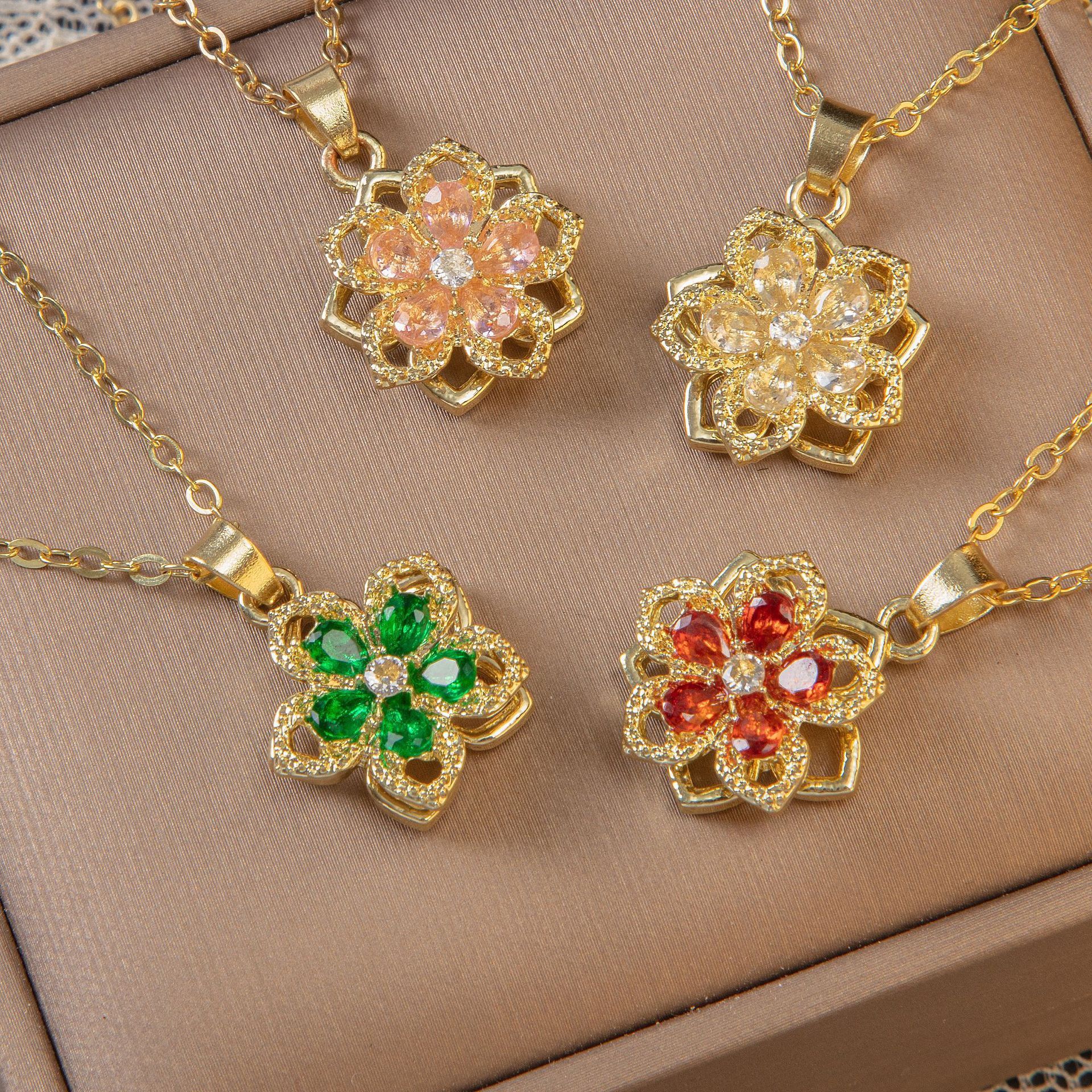 Green Rotating Bauhinia Zircon Flower Pendant Necklace - Alloy and Zircon view 5