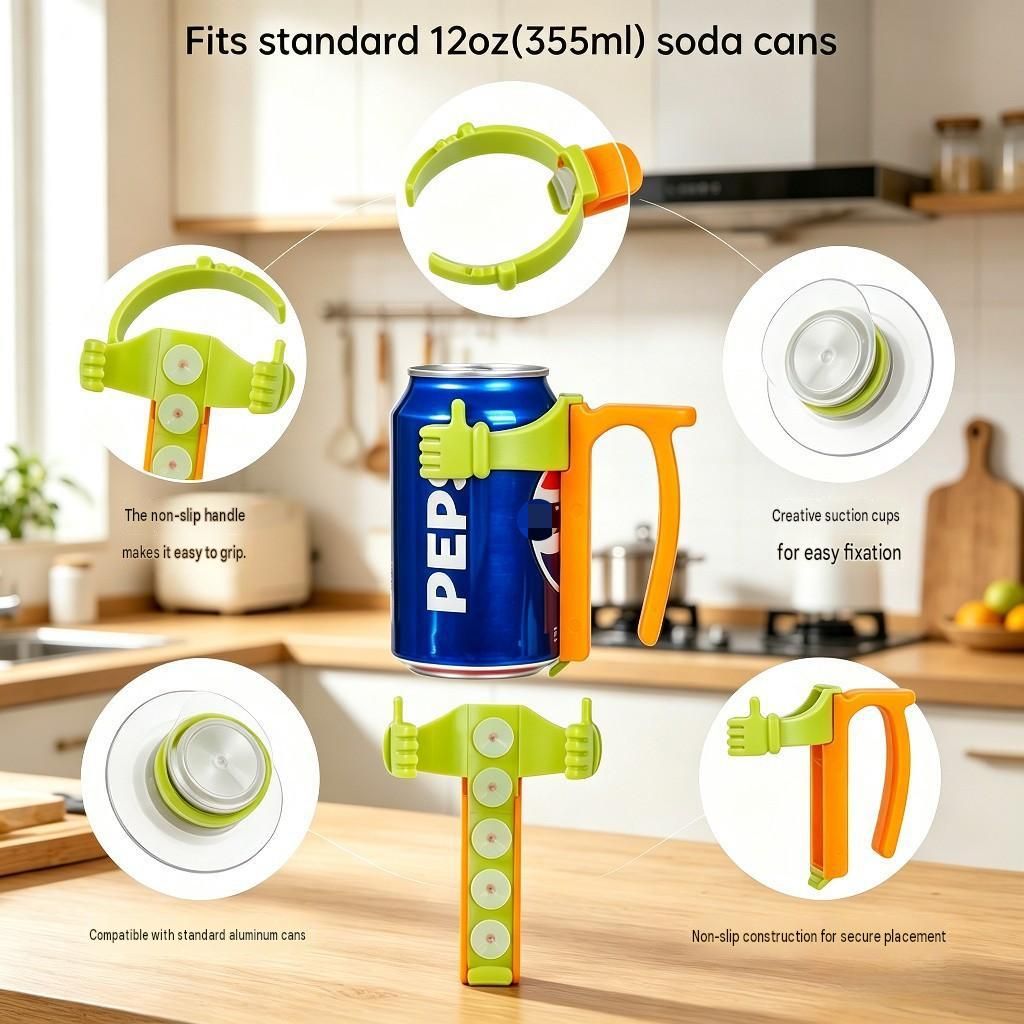 Green Soda Can Holder with Handle and Suction Cups - Portable Plastic Stand view 3