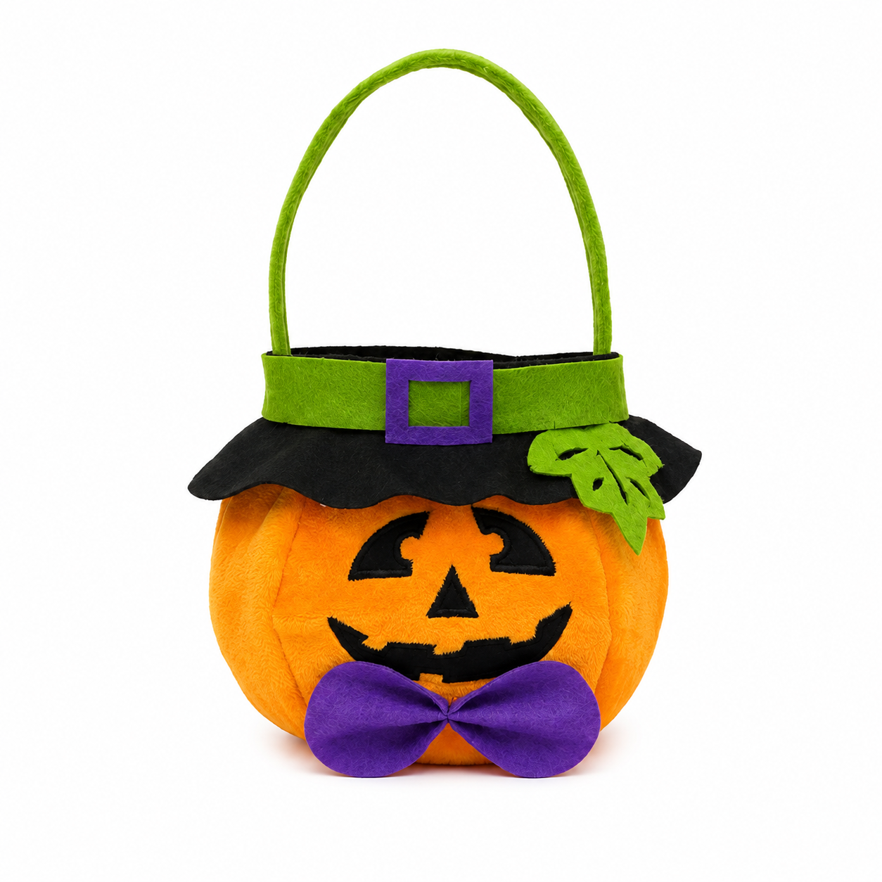 Pumpkin design wearing a hat - Plush Halloween Trick or Treat Candy Bag — image 1