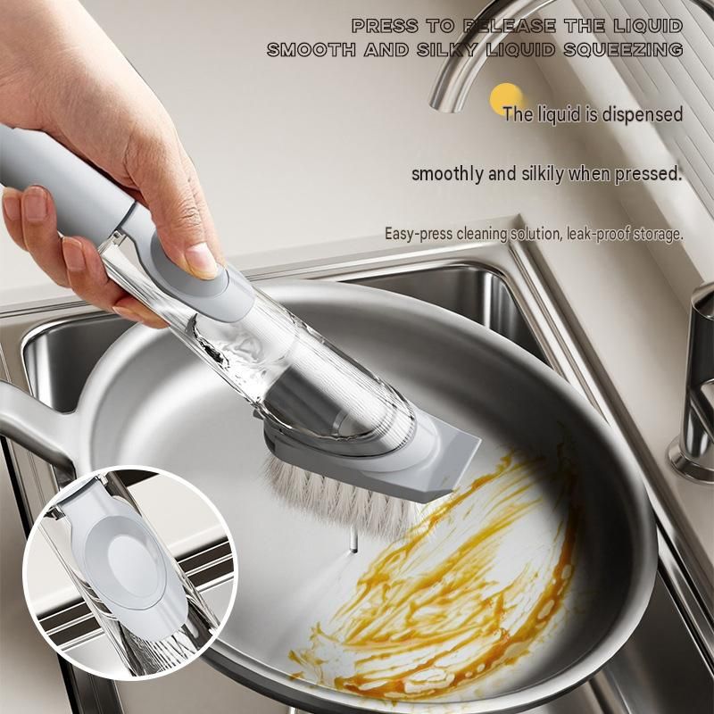 Grey Long Handle Liquid Dispensing Dish Brush（1 brush head） - TPR and PP view 2