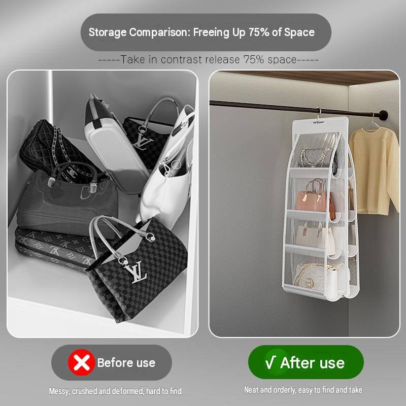 Black 6-compartment Hanging Handbag Organizer - Double-Sided Non-Woven PVC view 3